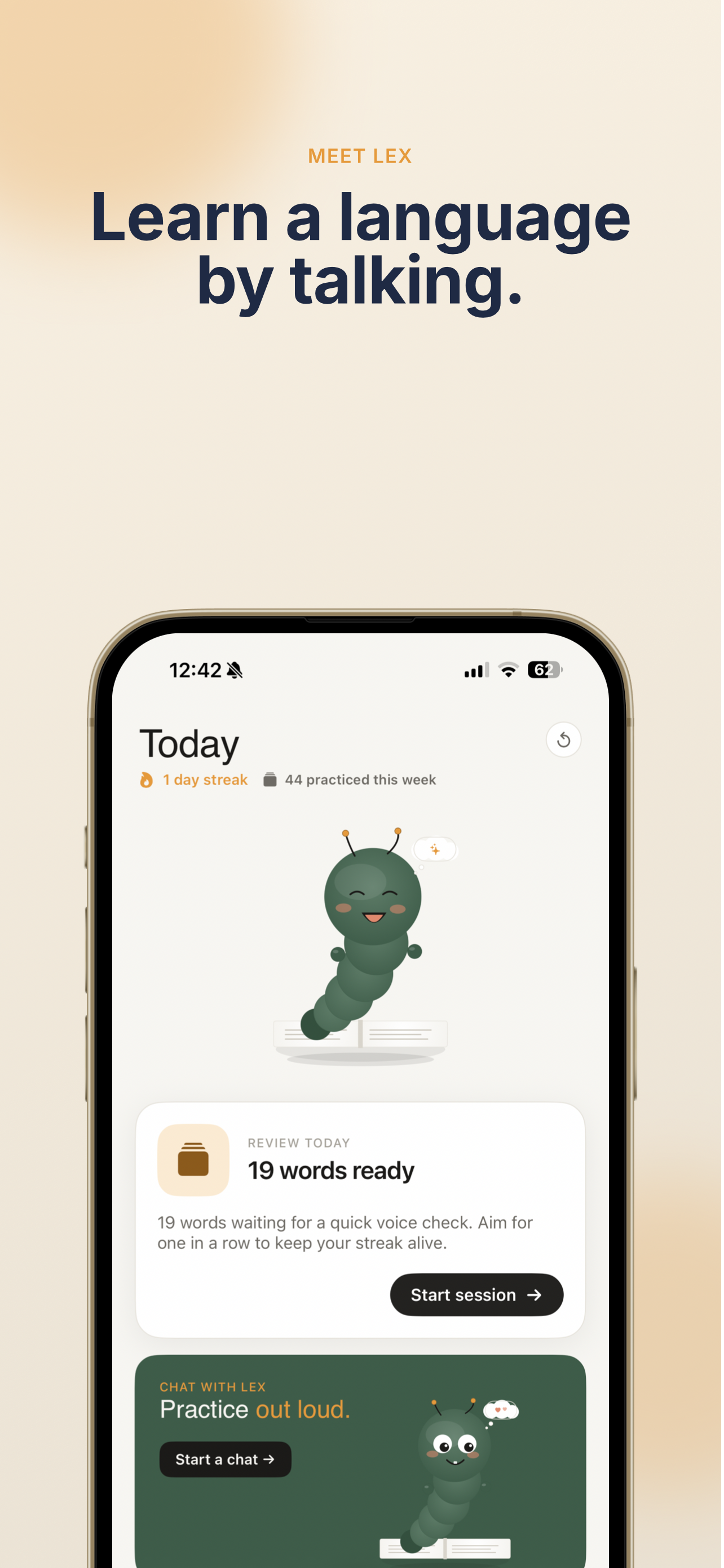 Lex Today screen with streak and review card